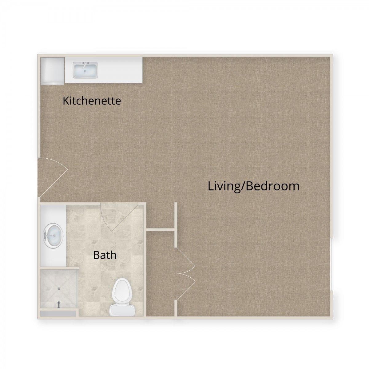 A simple floor plan of a studio apartment with a kitchenette, living/bedroom area, and a bathroom.
