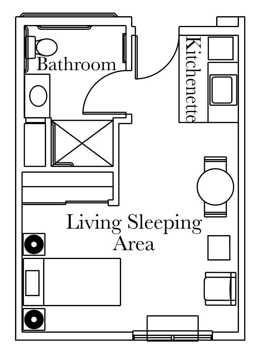 A floor plan of a studio apartment featuring a combined living and sleeping area, kitchenette, and bathroom.