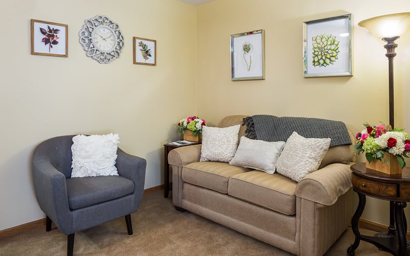 A cozy living room with a sofa and armchair, adorned with cushions and wall art.