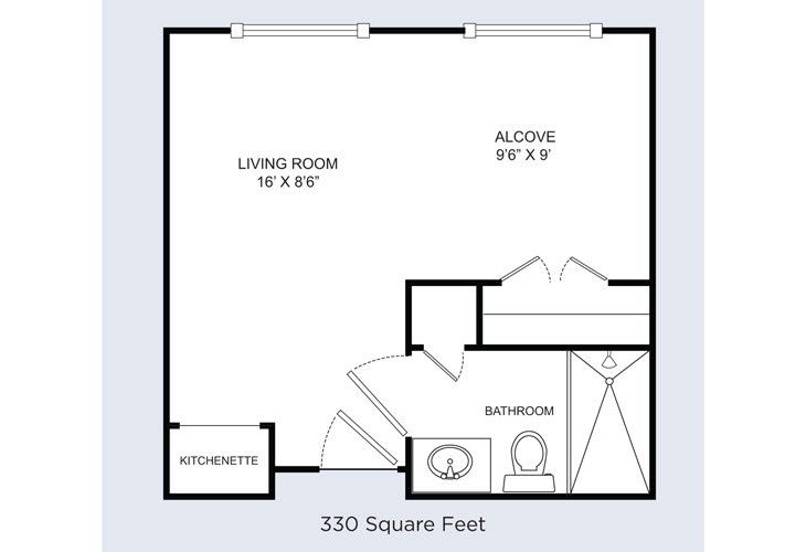 A floor plan of a 330 square foot studio apartment featuring a living room, alcove, and bathroom.