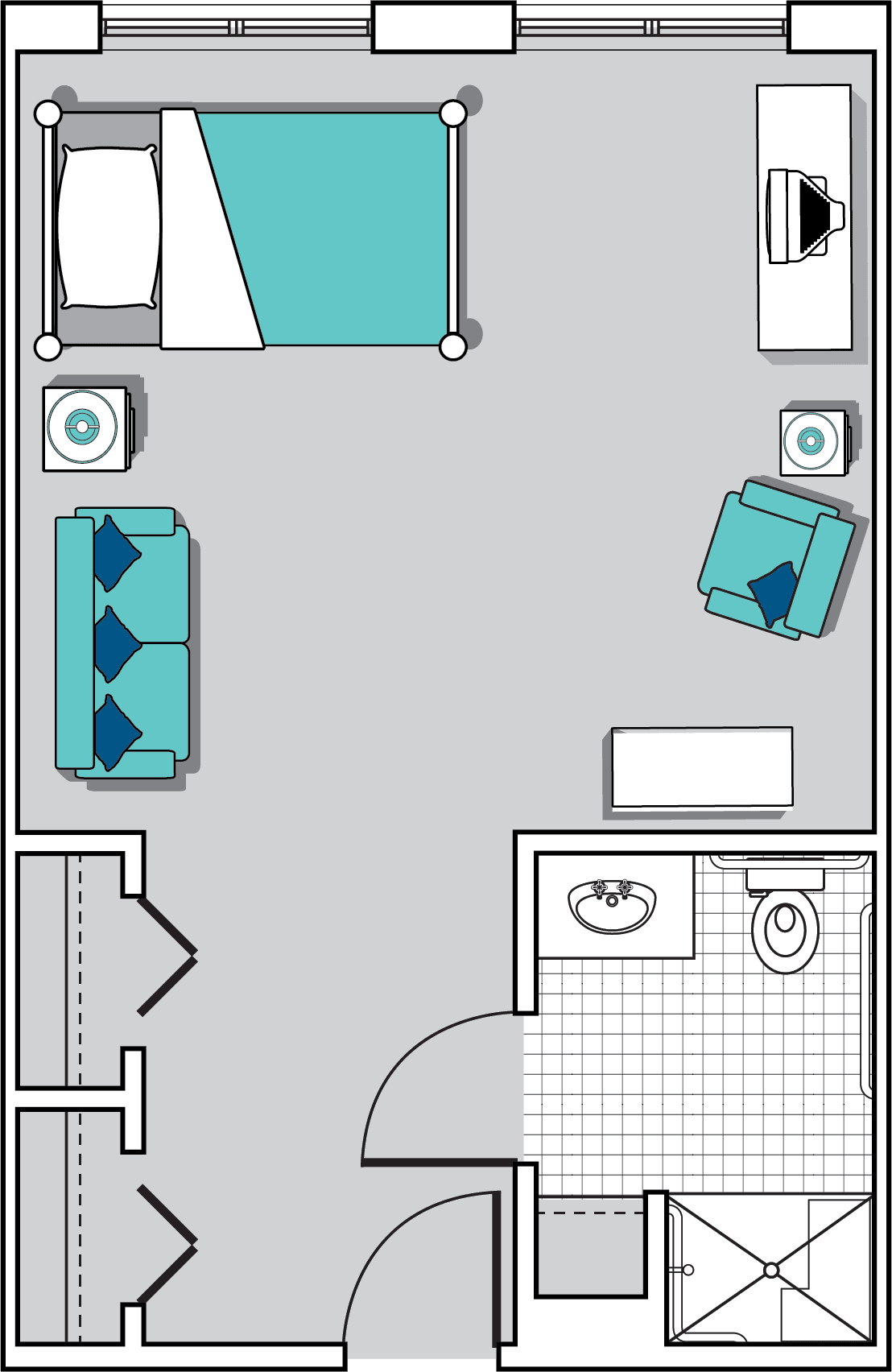 A simple floor plan showing a combined living and bedroom area with an attached bathroom.