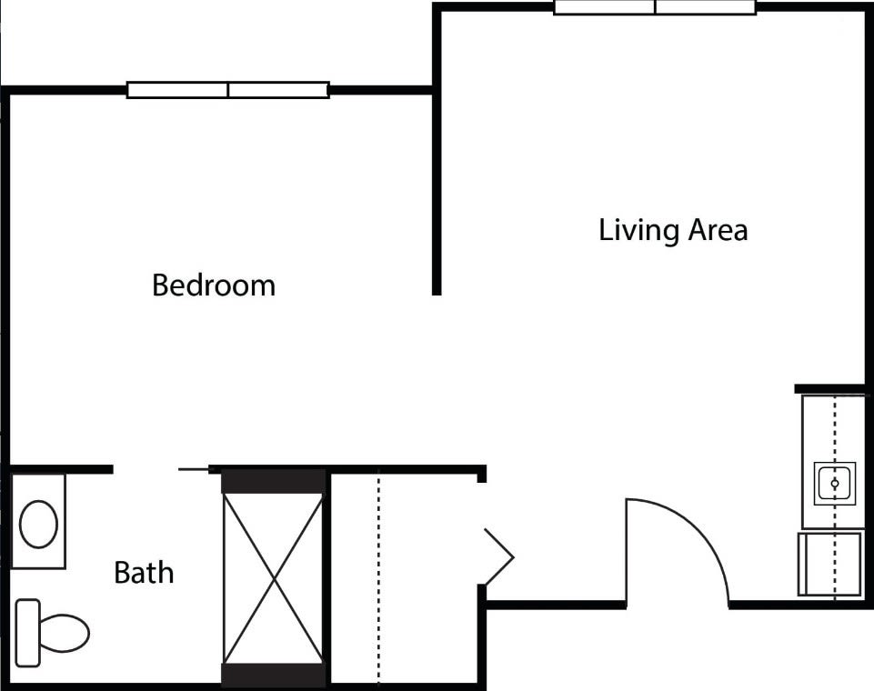 A simple floor plan showing a bedroom, living area, and bathroom.