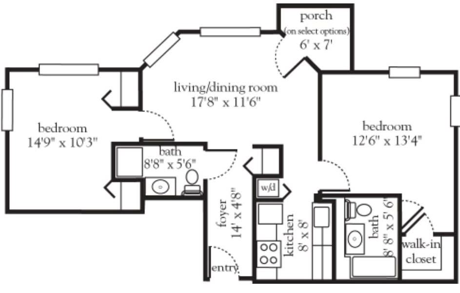 A floor plan of an apartment showing the layout of rooms including a living/dining room, kitchen, bedroom, bathroom, and porch.