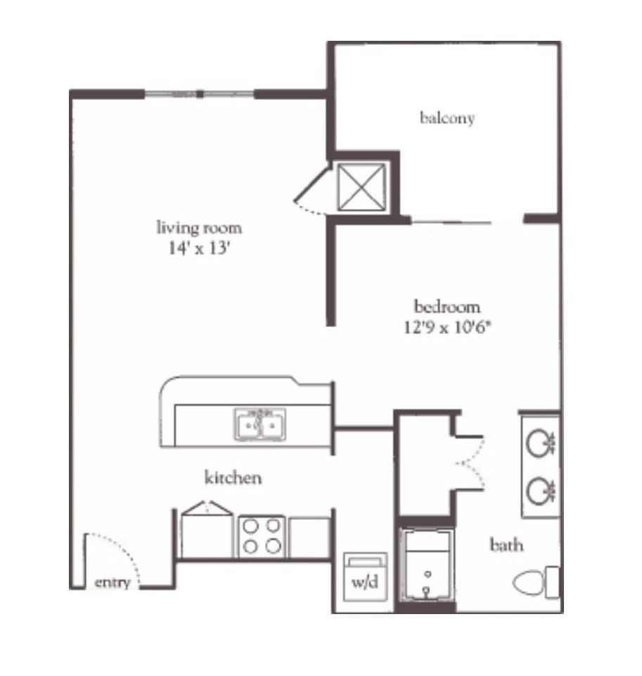 A one-bedroom apartment floor plan featuring a living room, kitchen, bathroom, and balcony.