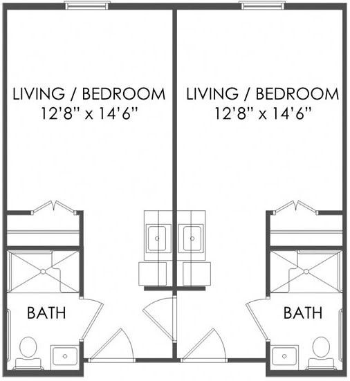 Floor plan showing two identical living/bedroom spaces with attached bathrooms.