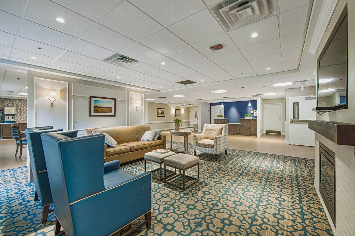 A modern lobby with comfortable seating and stylish decor.