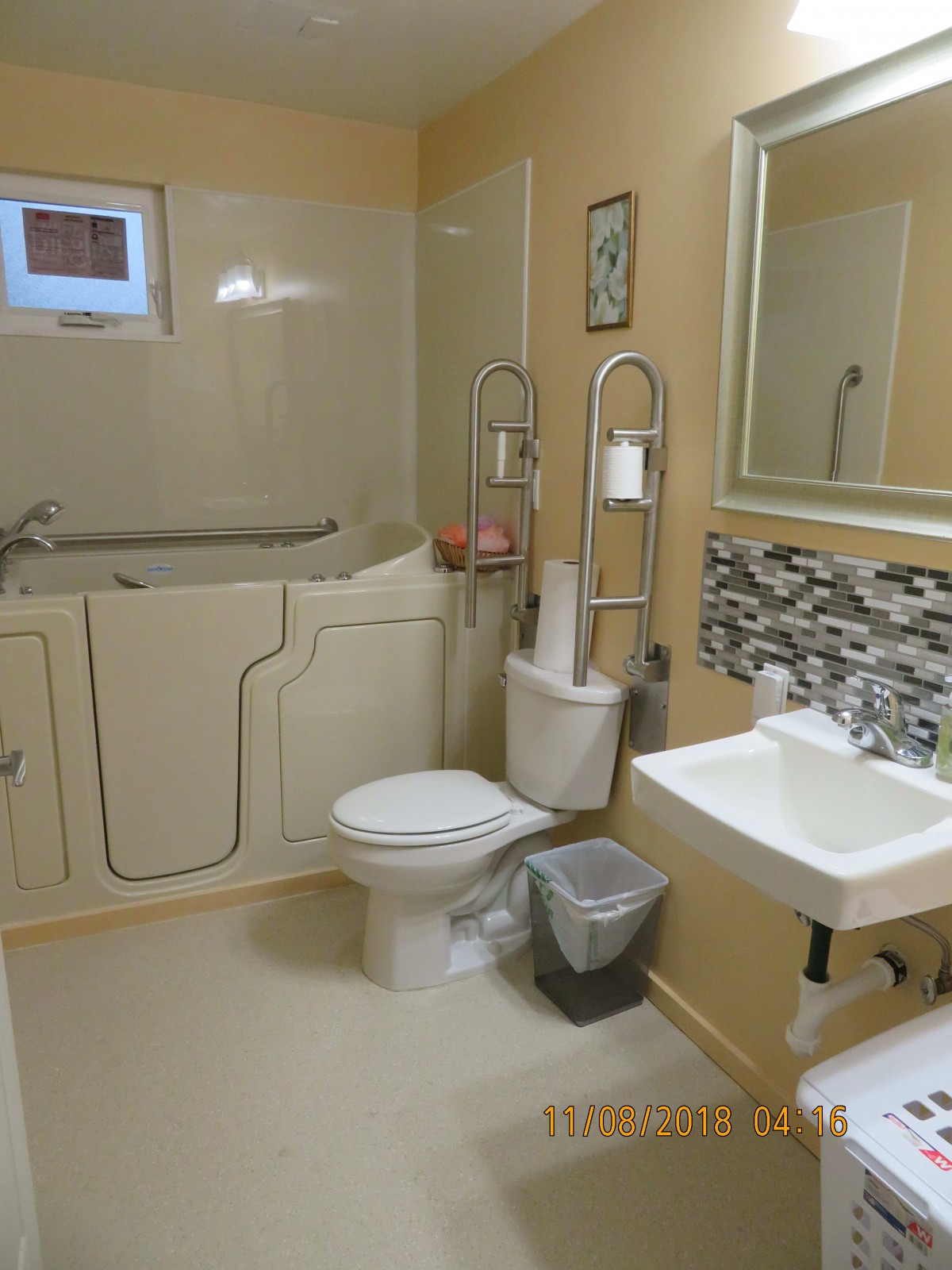 A modern and accessible bathroom with a specialized bathtub, toilet, sink, and decorative elements.