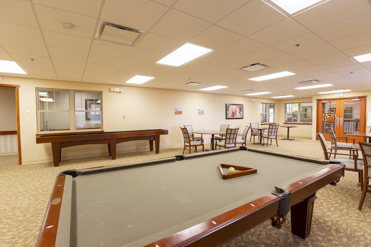 A recreational game room featuring a pool table and shuffleboard with seating areas.