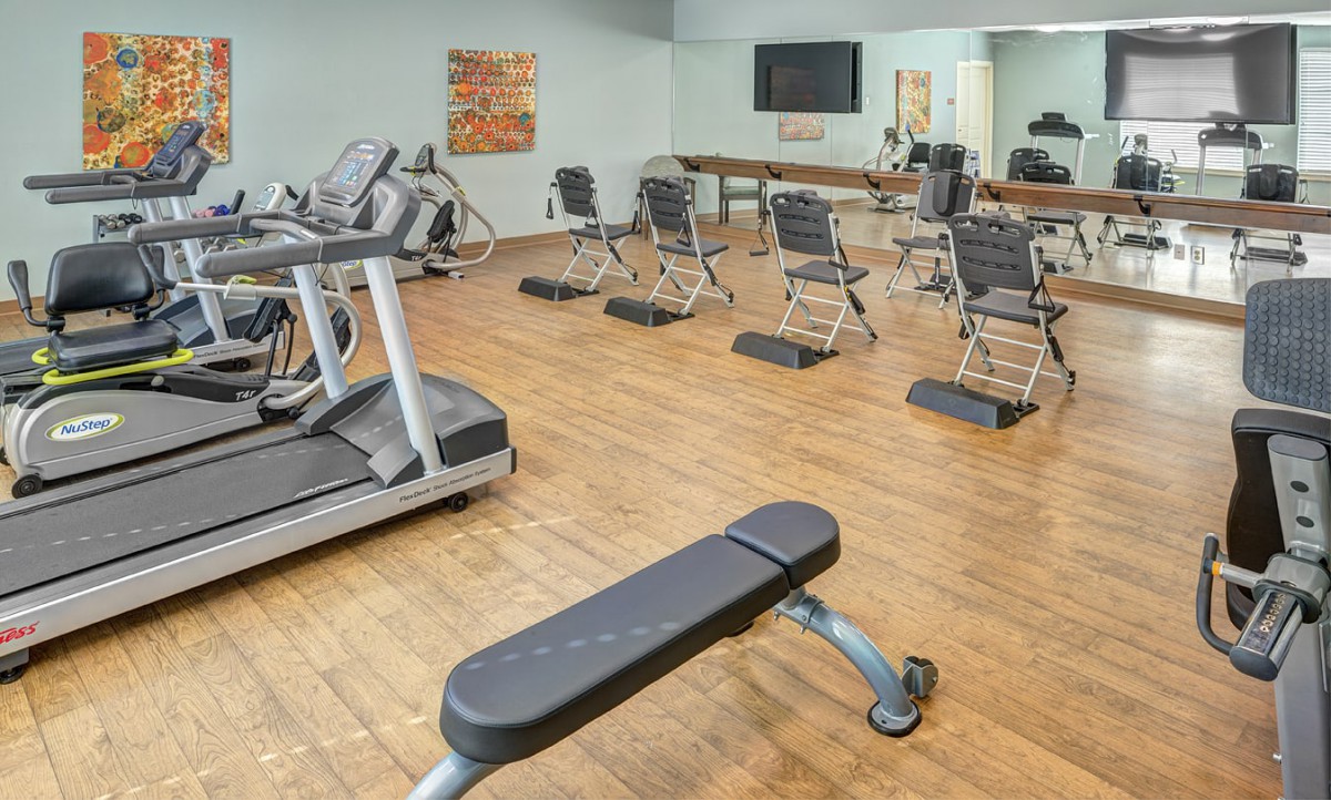 A modern gym with treadmills and benches, featuring mirrors for an enhanced workout experience.