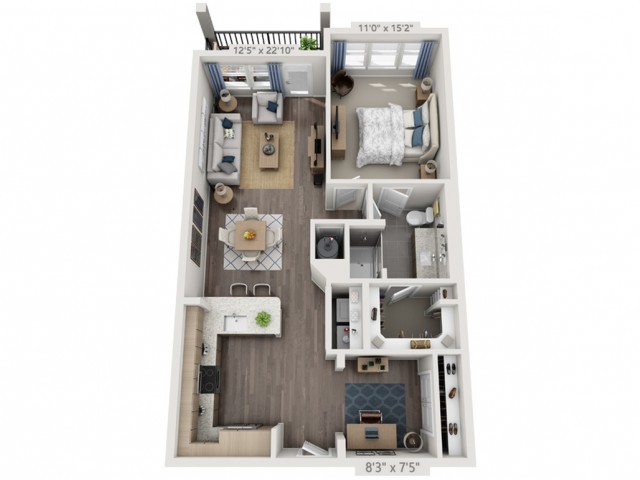 A detailed floor plan of an apartment featuring a living room, kitchen, bedroom, bathroom, and balcony.