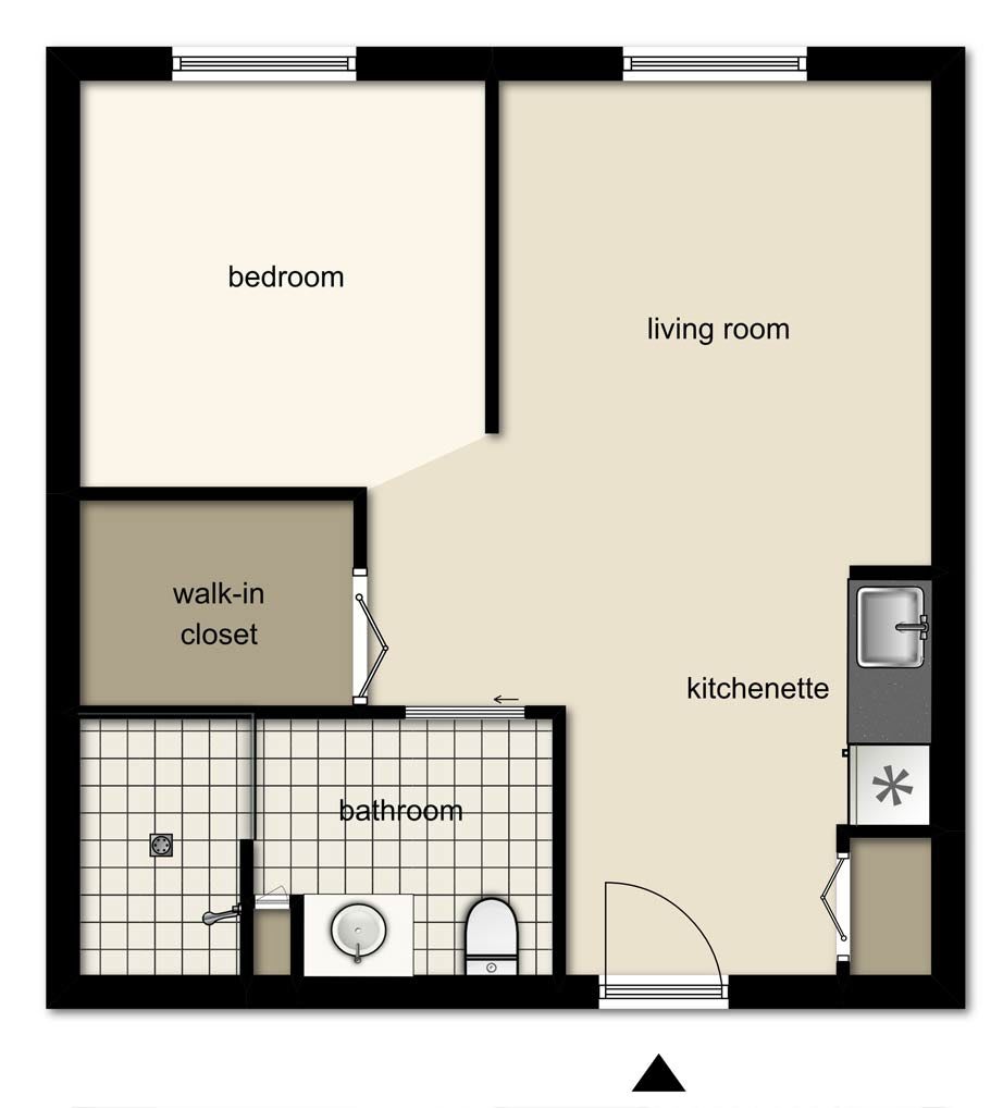 A simple floor plan of an apartment featuring a bedroom, living room, kitchen, bathroom, and walk-in closet.