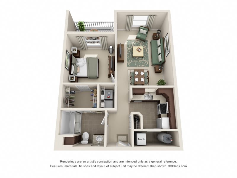 3D floor plan of a one-bedroom apartment featuring a living room, kitchen, bathroom, and balcony.