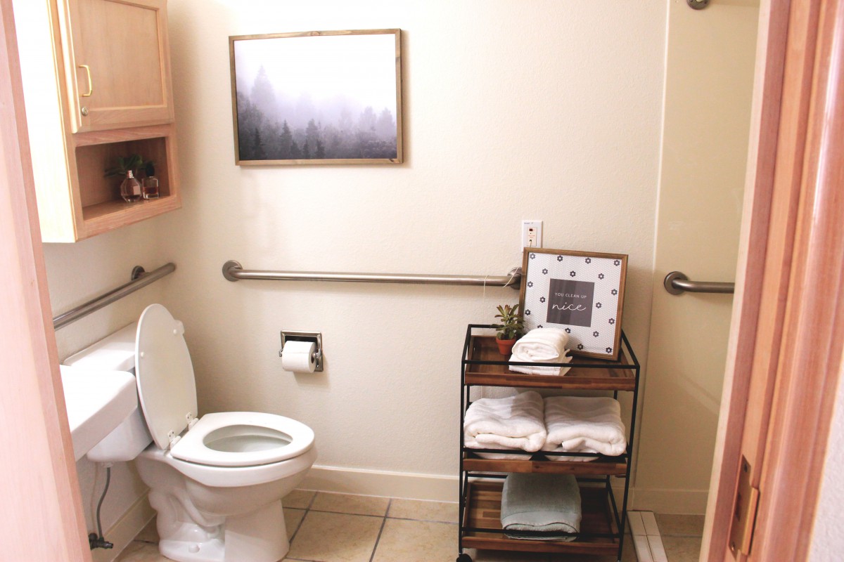 A well-organized bathroom with a toilet, shelving unit, towels, and wall art.