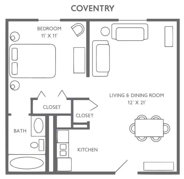 Coventry one-bedroom apartment floor plan with living and dining area, kitchen, bathroom, and closets.
