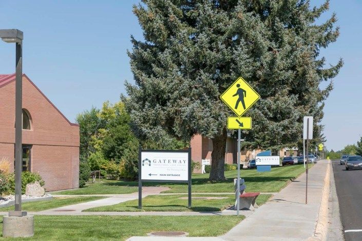 A crosswalk sign near a sidewalk with a tree and building in the background.