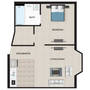 A floor plan of a one-bedroom apartment featuring a living room, kitchen, and bathroom.