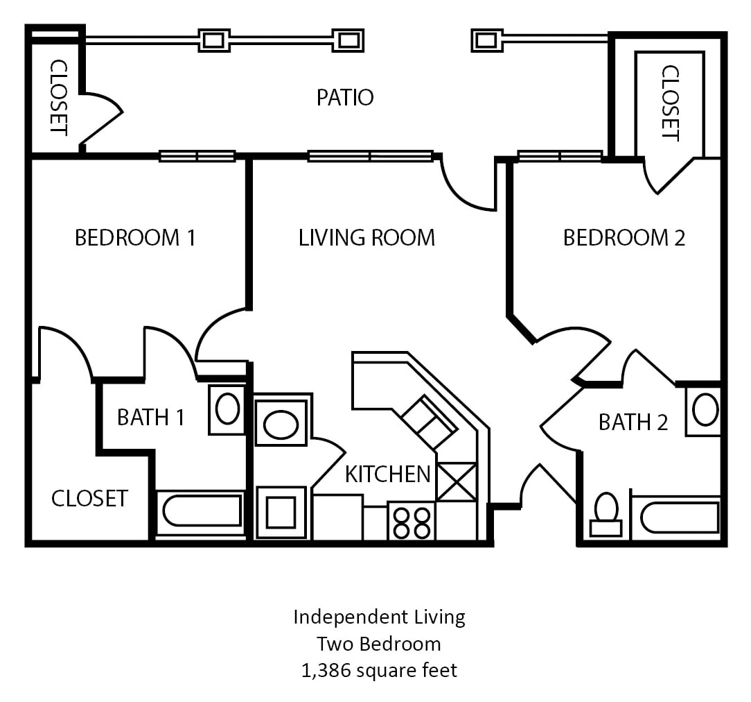 A floor plan of an independent living apartment featuring two bedrooms, two bathrooms, a kitchen, and a living room with a patio.