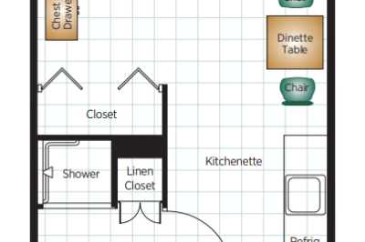 A floor plan depicting a layout with rooms labeled as kitchenette, closet, and dining area.