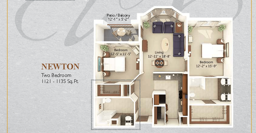 A detailed floor plan of a two-bedroom apartment, showcasing its layout and design features.