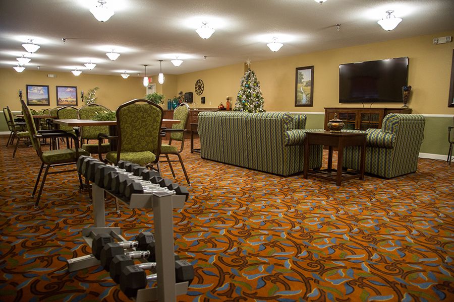 A cozy room with a mix of fitness and lounge elements, featuring dumbbells, comfortable seating, and a Christmas tree.