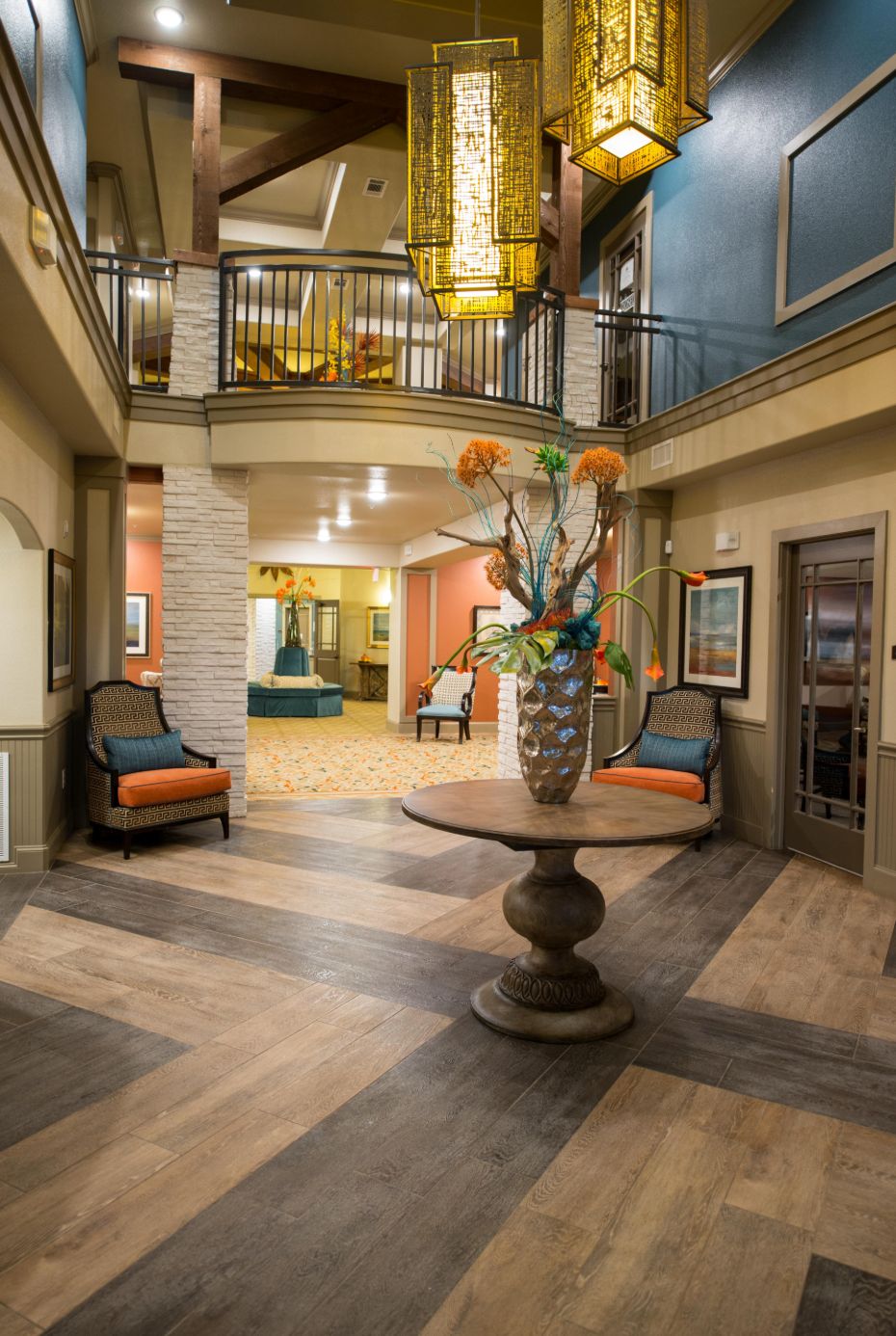 A modern and welcoming lobby with stylish decor and comfortable seating.