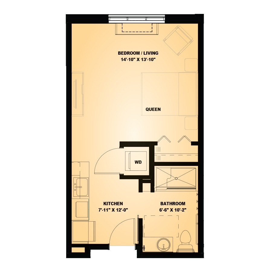 A floor plan of a studio apartment showing the layout of living, kitchen, and bathroom areas.