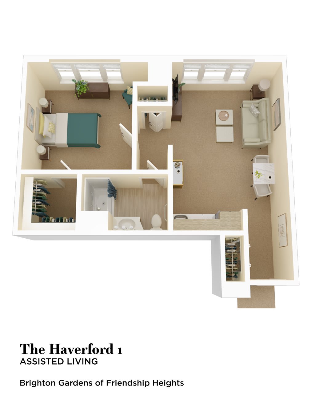 A 3D floor plan of a one-bedroom apartment, labeled 'The Haverford', showing the arrangement of rooms and furniture.