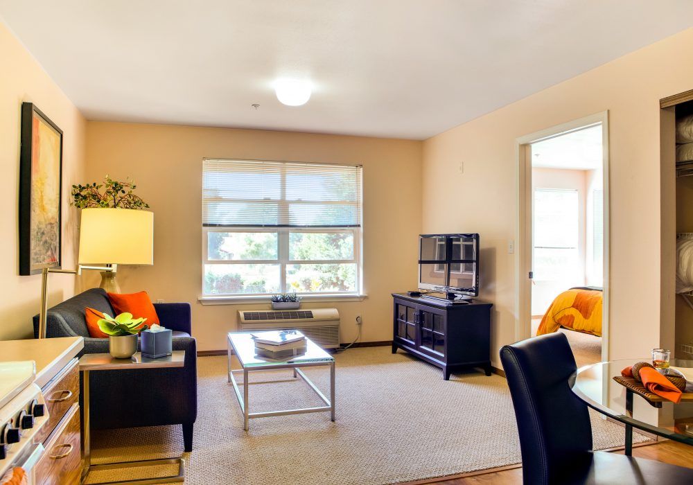 A cozy living room with modern furniture and ample natural light.