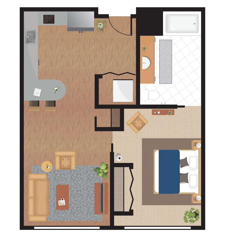 A detailed floor plan of an apartment featuring a bedroom, living room, kitchen, and bathroom.