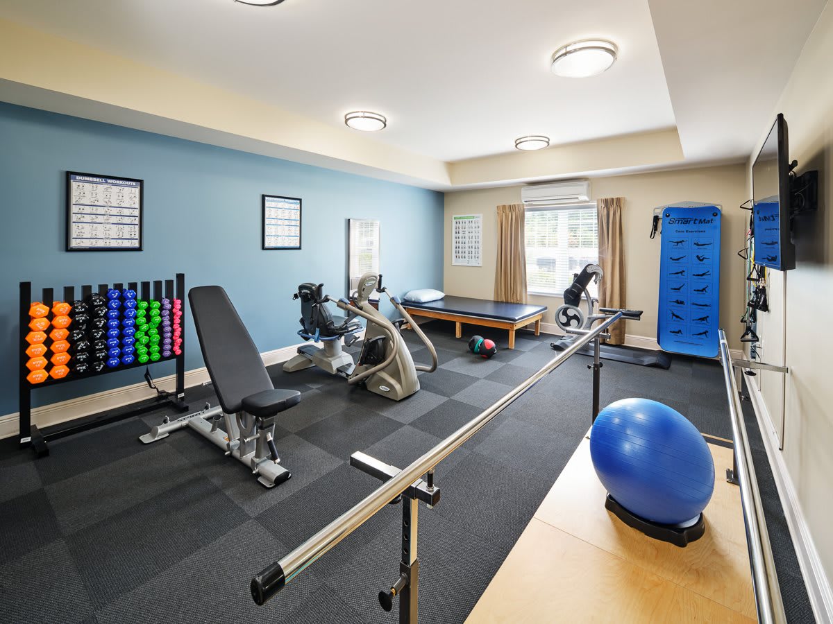 A well-equipped fitness room with various exercise machines and weights.