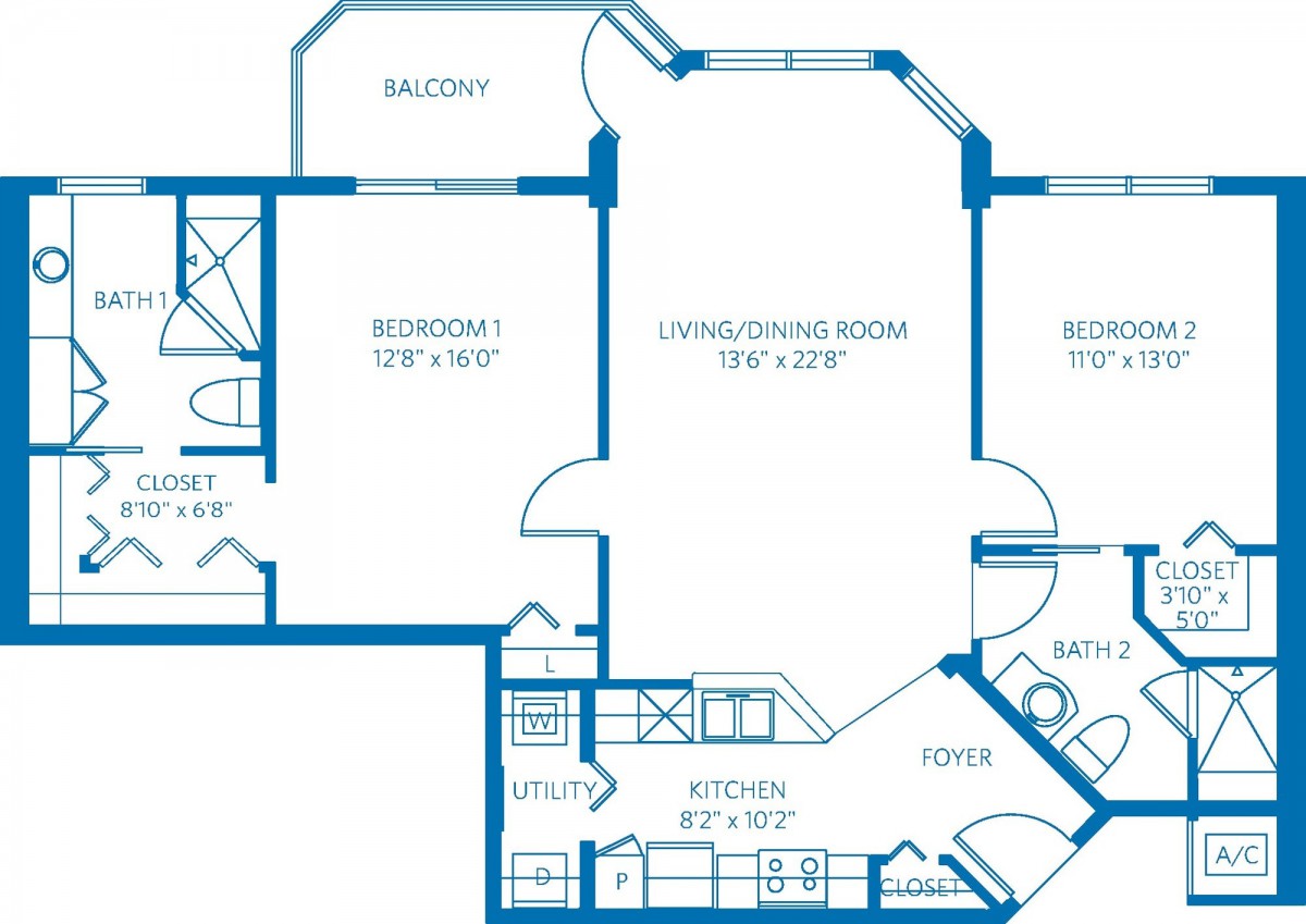 Blueprint of an apartment showing detailed room dimensions and layout.