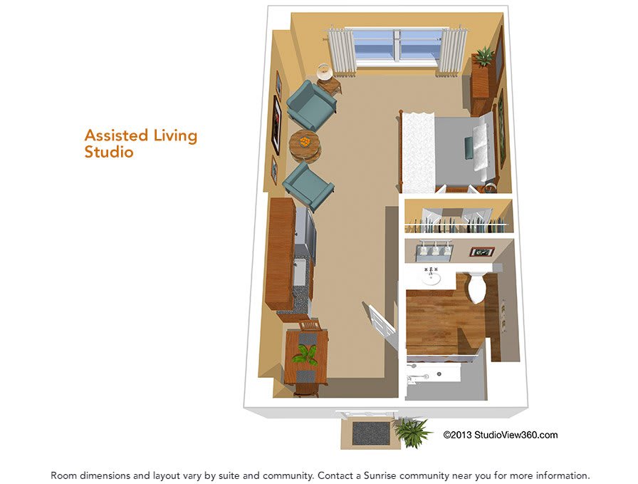 Assisted Living Studio Floor Plan with furniture layout.