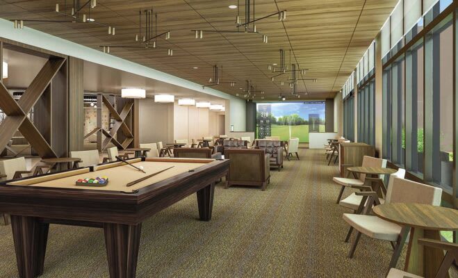 A stylish recreation room featuring a pool table with modern decor.