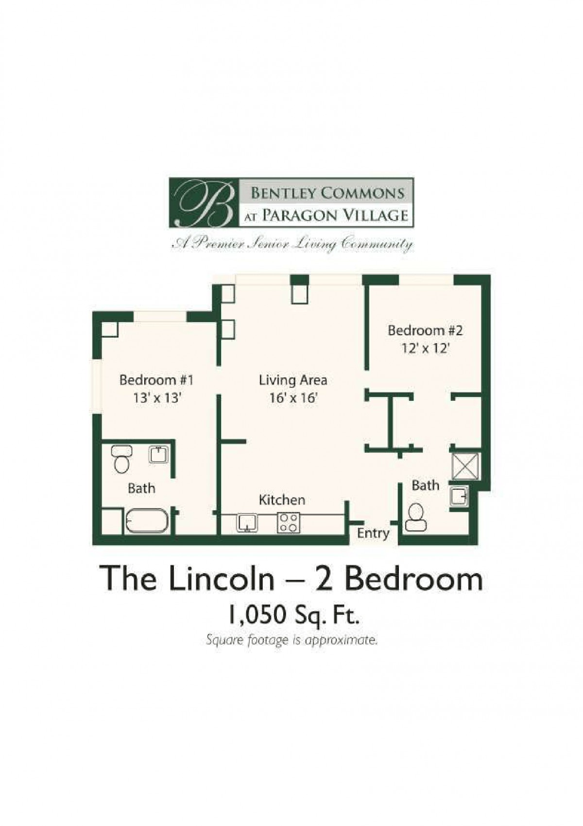 The Lincoln - 2 Bedroom Apartment Floor Plan with 1,050 Sq. Ft.