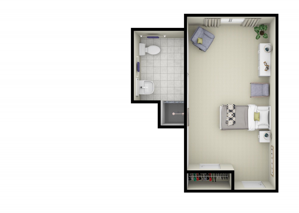 A compact floor plan featuring a kitchen and a bathroom.