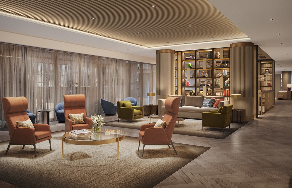 A luxurious and modern living room featuring elegant seating arrangements, a stylish bookshelf, and warm ambient lighting.