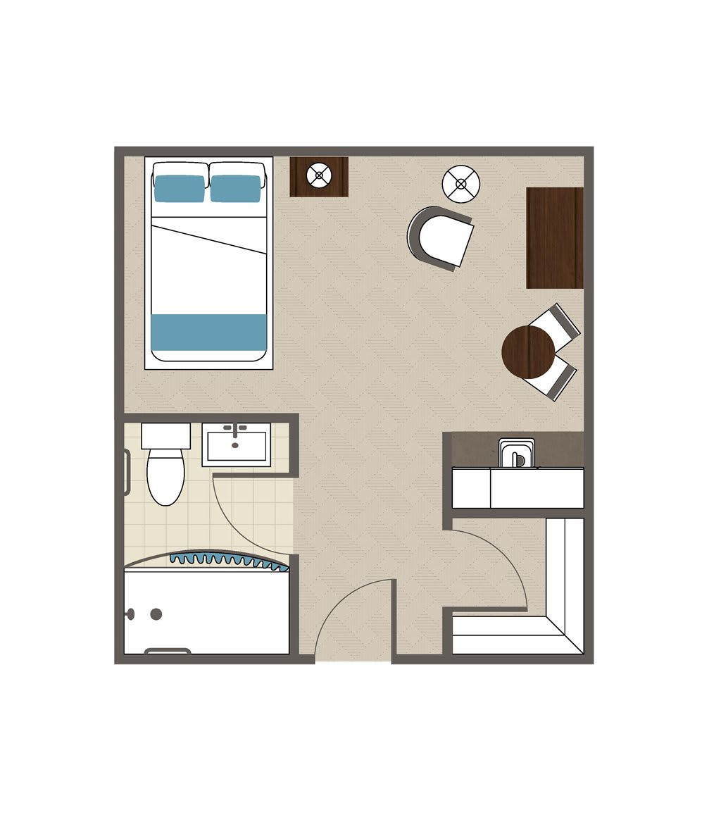 A compact studio apartment floor plan featuring a bedroom, bathroom, and living area with furniture placement.
