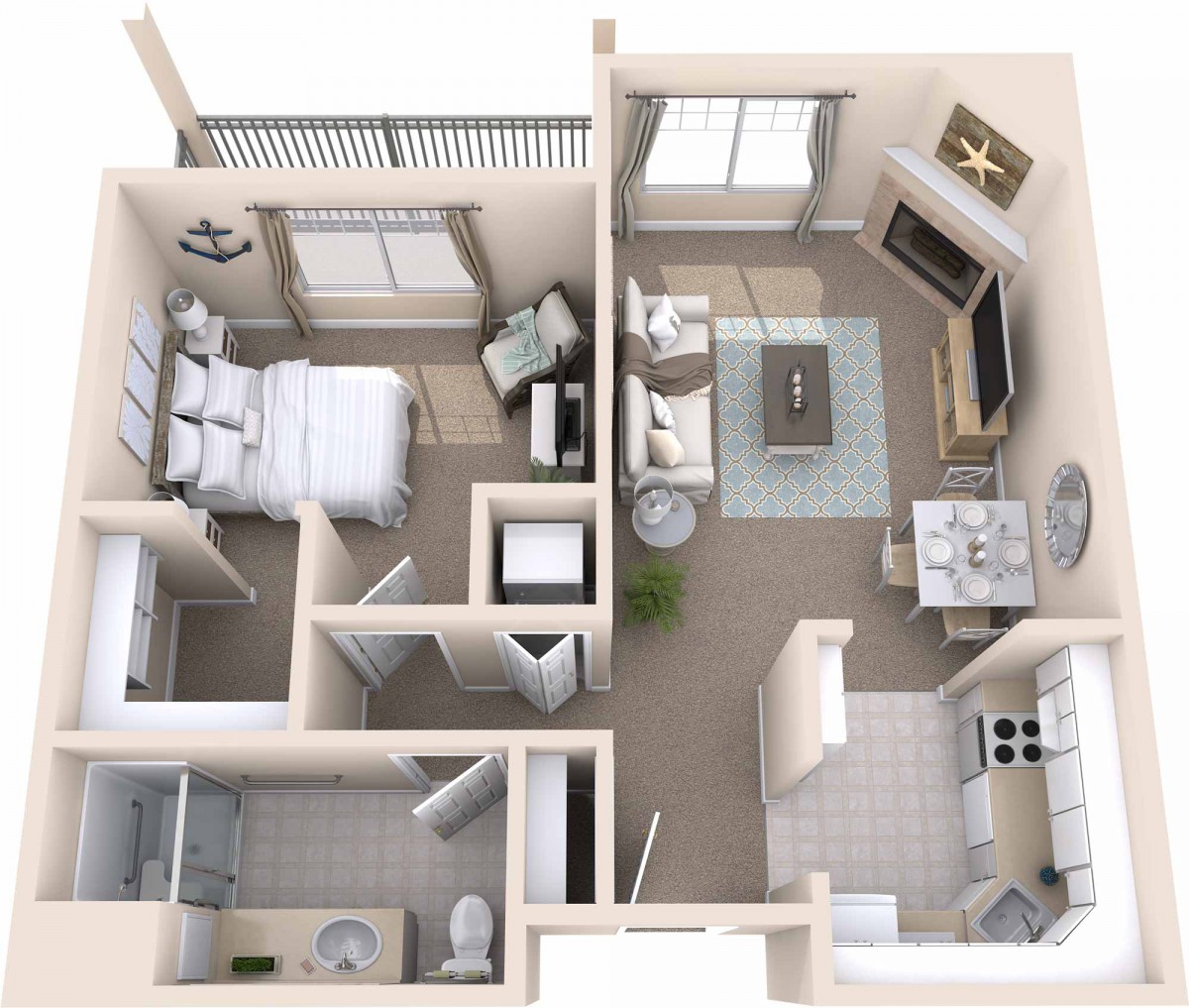 A detailed floor plan of a one-bedroom apartment featuring a living room, kitchen, and bathroom.