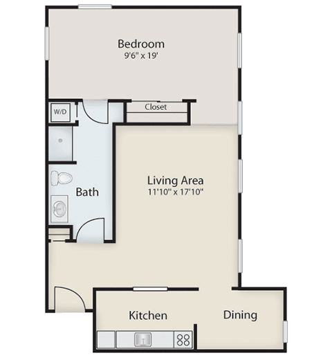 A one-bedroom apartment floor plan with a living area, kitchen, dining room, and bathroom.