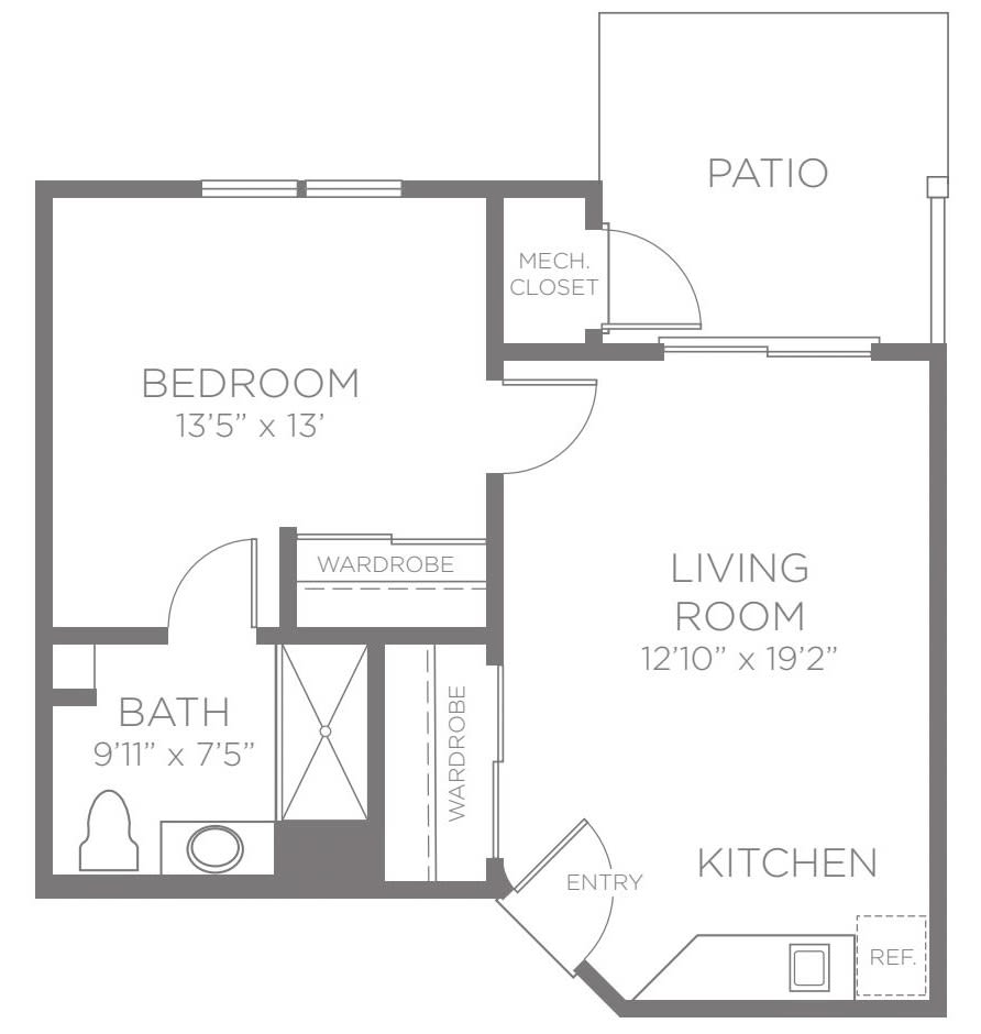 This image shows the floor plan of a one-bedroom apartment, including a bathroom, kitchen, living room, and patio.