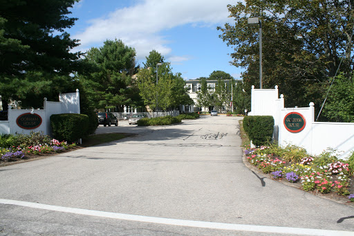 A peaceful entrance to a community lined with trees and flowers.