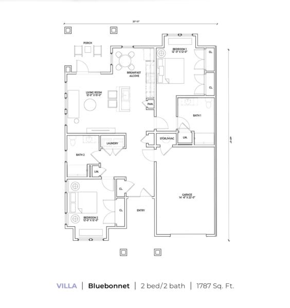 Floor plan of a house featuring two bedrooms, a kitchen, living room, bathrooms, and a garage.