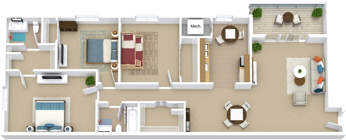 A floor plan of a one-bedroom apartment featuring a living room, kitchen, and bathroom.