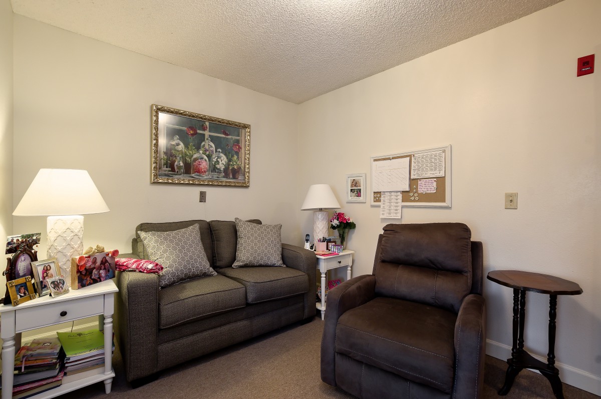 A cozy living room featuring a sofa, armchair, and decorative elements.
