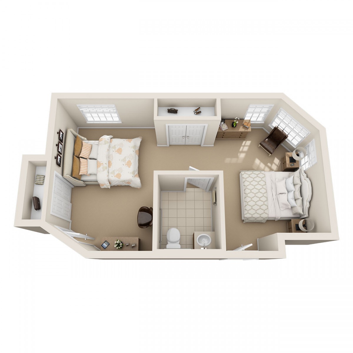 A 3D floor plan featuring two bedrooms and one bathroom.