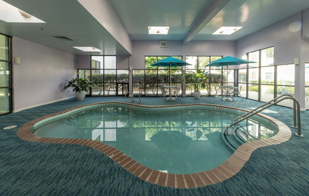 An indoor swimming pool with a calm and inviting atmosphere, featuring green-tinted water, umbrellas for shade, and potted plants enhancing the serene environment.