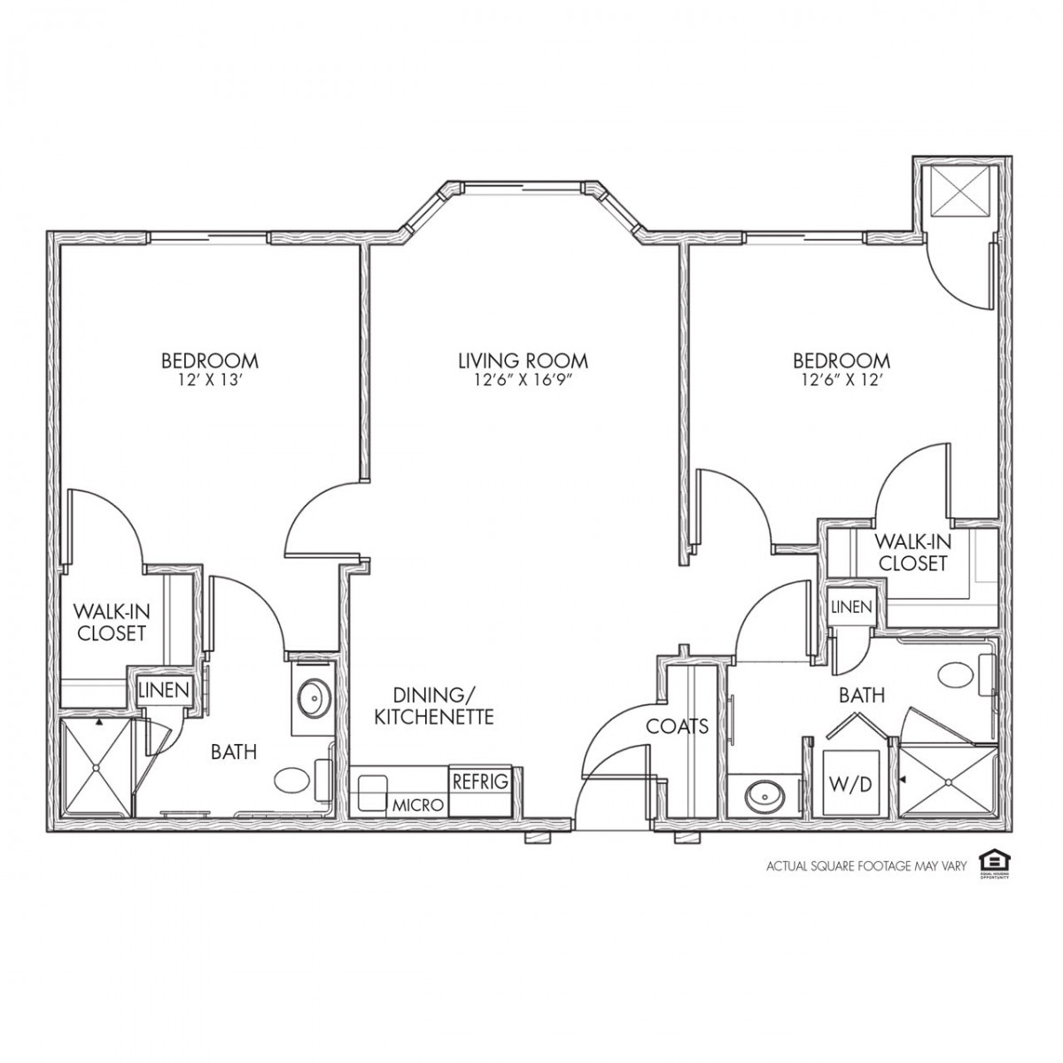A floor plan of a two-bedroom apartment with a living room, kitchen, and bathrooms.