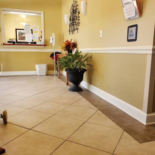A warm and inviting waiting area with decorative plants and a tiled floor.