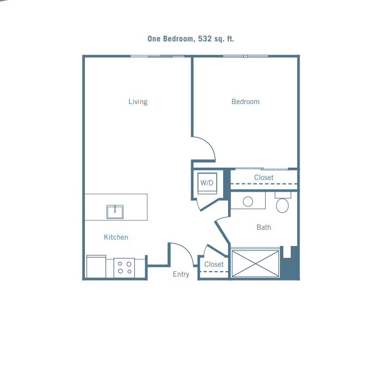 This is a floor plan for a one-bedroom apartment measuring 600 square feet.