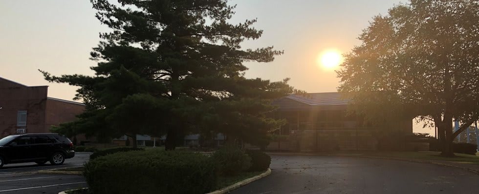 A serene sunset over a building, framed by a silhouetted tree.